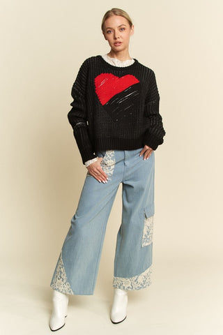 Hot Girl X Davi & Dani Contrast Heart Sweater In Black