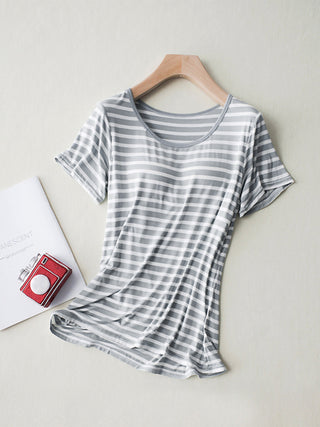 Hot Girl Striped Round Neck T-Shirt With Built In Bra Short Sleeve Tee