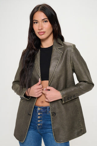 Hot Girl X Coalition LA Single-Breasted Vegan Leather Blazer In Deep Olive