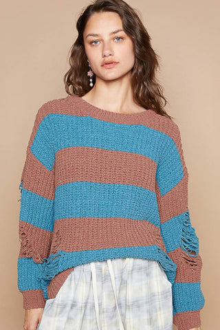 Hot Girl Vintage Striped Distressed Chenille Sweater