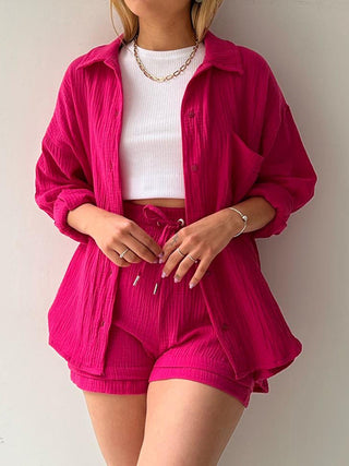 Hot Girl Soft Rayon Textured Button Up Shirt and Drawstring Shorts Two Piece Set