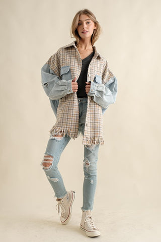 Hot Girl Tweed Mixed Denim Raw Hem Shacket