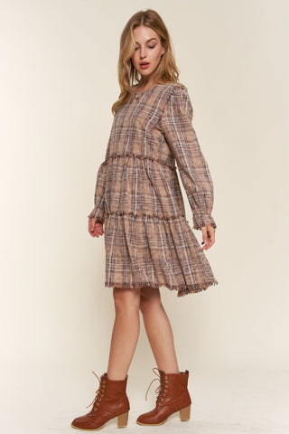 Hot Girl And The Why Vintage Plaid Tiered Cotton Long Sleeve Mini Dress