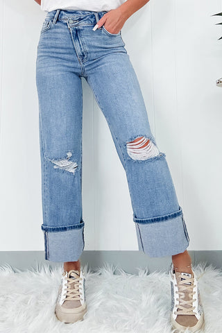 Hot Girl Asymmetrical  Waist Distressed Straight Jeans In Medium Wash