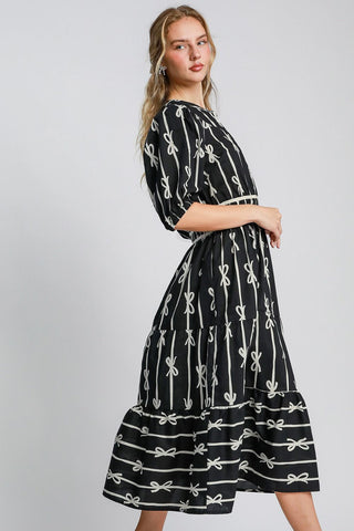 Hot Girl X Umgee Bow Print Notched Velvet Trim Midi Dress