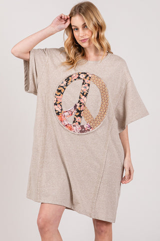 Hot Girl SAGE + FIG Peace Sign Applique Short Sleeve Cotton Tee Dress In Oatmeal