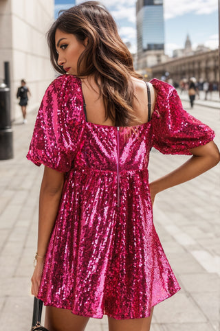 Hot Girl Sequin Square Neck Balloon Sleeve Romper In Rose - Hot Girl Apparel