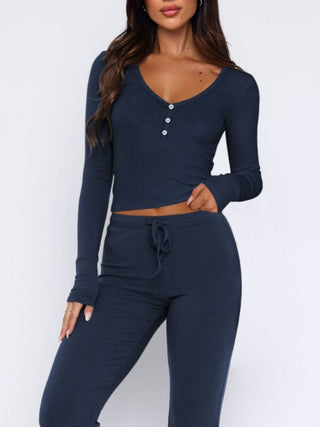 Hot Girl Henley Long Sleeve Top and Pants Two Piece Lounge Set