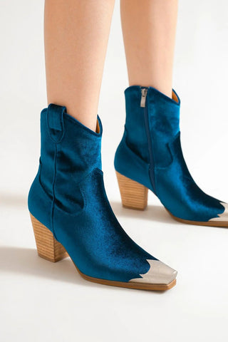 Hot Girl X Beast Fashion Velvet Block Heel Boots In Peacock Blue