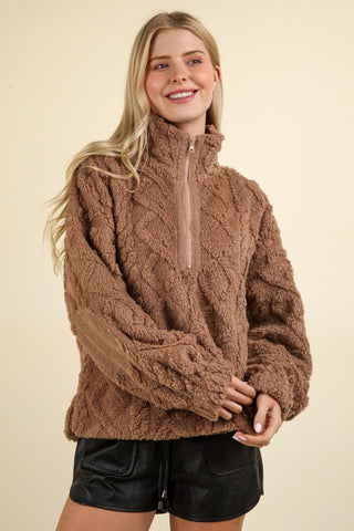 Hot Girl Fuzzy Fleece Half Zip Cable Pattern Sweatshirt In Mocha