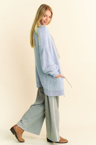 Hot Girl X Davi & Dani Ribbed Hem Button Up Cardigan In Light Blue