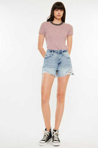 Hot Girl X Kancan Distressed High Waist Denim Shorts In Medium Wash