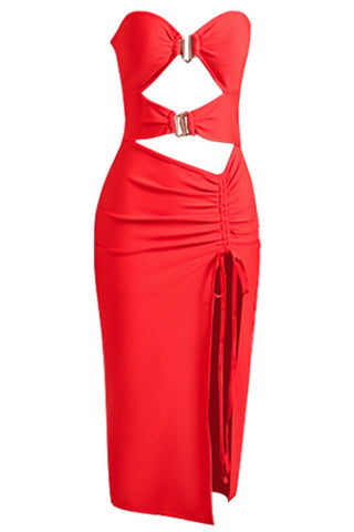 Hot Girl Strapless Cutout Detail Split Bandage Midi Dress