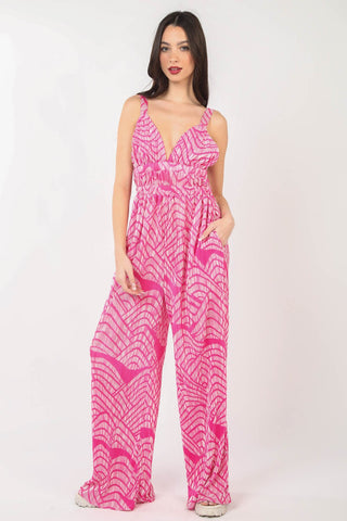 Hot Girl Geometric Pleated Sleeveless Wide Leg Jumpsuit In Hot Pink - Hot Girl Apparel