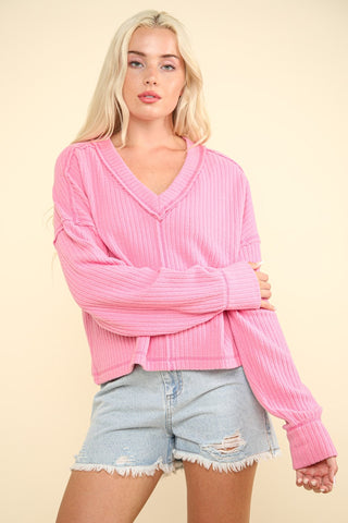 Hot Girl V-Neck Cotton Knit Long Sleeve Top In Pink