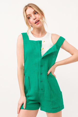 Hot Girl The Why Button Up Tie Back Sleeveless Romper In Green - Hot Girl Apparel