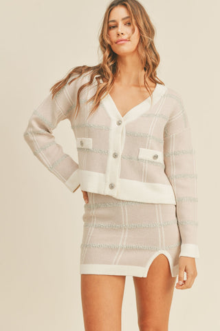 Hot Girl MABLE Plaid Button Down Cardigan and Mini Skirt Set In Blush