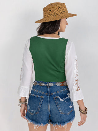 Hot Girl Cowboy Fringe Lace-Up Wide Strap Tank In Green Short Sleeve Top