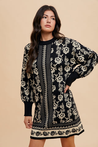 Hot Girl Annie Wear Floral Jacquard Sweater Dress In Black