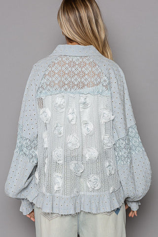 Hot Girl Eyelet Flower Pearl & Lace Patchwork Long Sleeve Shirt In Dusty Blue