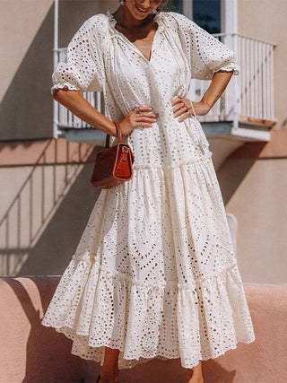 Hot Girl Summer Eyelet  Half Sleeve Tiered Cotton Maxi Dress