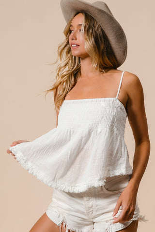 Hot Girl Fringed Hem Smocked Cami In White