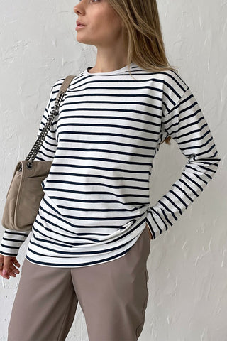 Hot Girl Striped Crewneck Cotton Long Sleeve Tee