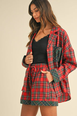 Hot Girl Annie Wear Contrast Plaid Long Sleeve Top and Short Lounge Set