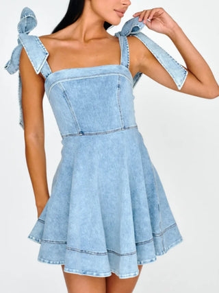 Hot Girl Square Neck Tie Shoulder Denim Mini Dress