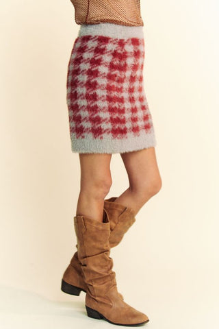 Hot Girl X Davi & Dani Scoop Neck Fuzzy Plaid Top and Skirt Sweater Set