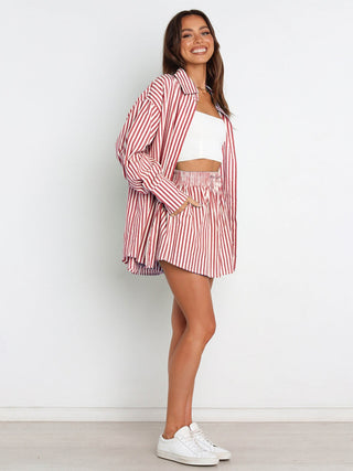 Hot Girl Striped Button Up Shoulder Shirt and Shorts Two Piece Set