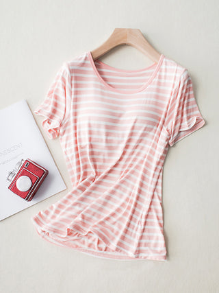 Hot Girl Striped Round Neck T-Shirt With Built In Bra Short Sleeve Tee