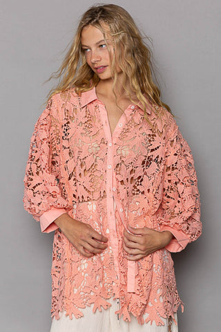 Hot Girl Button Up Lace Shirt In Peach - Hot Girl Apparel