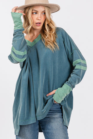 Hot Girl SAGE + FIG Mineral Wash Side Slit Contrast Long Sleeve T-Shirt In Teal