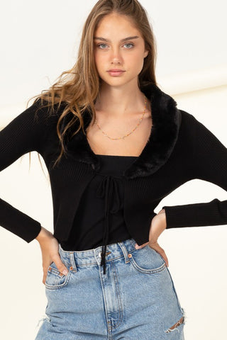 Hot Girl HYFVE Mesmerize Fur Trim Tie Front Ribbed Cardigan