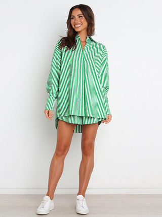 Hot Girl Striped Button Up Shoulder Shirt and Shorts Two Piece Set