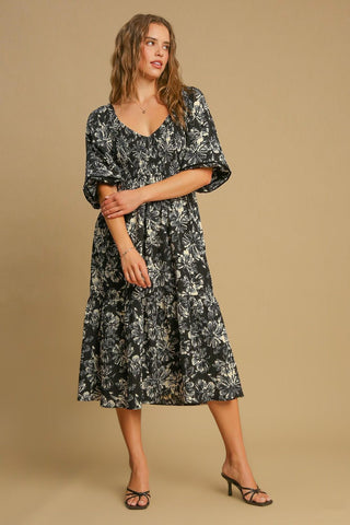 Hot Girl X Umgee Ruffle Hem Floral V-Neck Midi Dress In Black