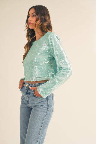 Hot Girl MABLE Shoulder Padded Sequin Long Sleeve Crop Top In Mint