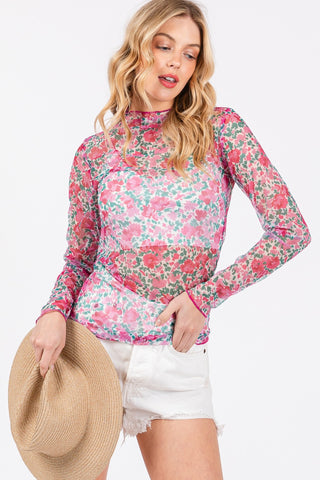 Hot Girl SAGE + FIG Floral Mesh Long Sleeve Top In Pink