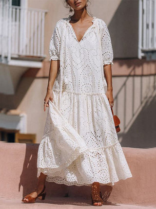 Hot Girl Summer Eyelet  Half Sleeve Tiered Cotton Maxi Dress