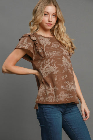 Hot Girl X Umgee Ruffled Landscape Print Short Sleeve French Terry Top In Brown