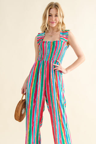 Hot Girl The Why Striped Smocked Sleeveless Jumpsuit