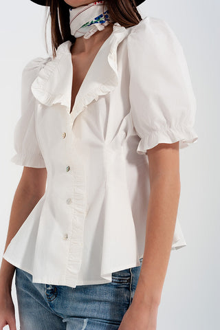 Hot Girl Poplin Frill Detail Wrap Short Sleeve Cotton Blouse In White