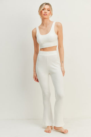 Hot Girl Kimberly Waffle Tank and High Waist Flare Pants Lounge Set In White - Hot Girl Apparel