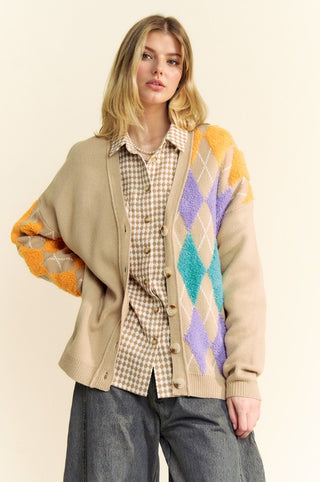 Hot Girl Davi & Dani Argyle V-Neck Color Pop Cardigan In Tan