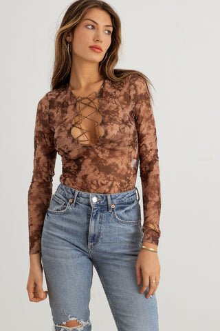 Hot Girl HERA Abstract Mesh Lace-Up Long Sleeve Bodysuit