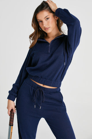 Hot Girl Ribbed Drawstring Half Zip Hoodie and Joggers Active Set In Navy