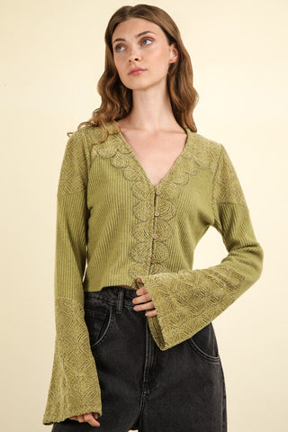 Hot Girl V-Neck Lace Detail Button Down Crop Ribbed Knit Long Sleeve Top In Olive