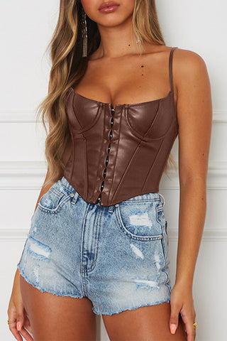 Hot Girl Faux Leather Corset  Short Sleeve Top