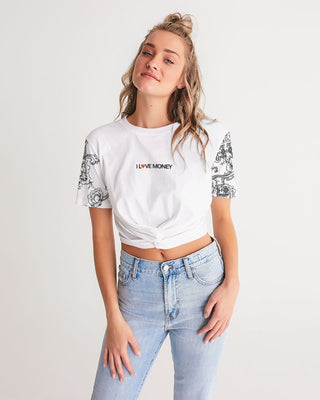 Hot Girl LOVE MONEY Women's All-Over Print Twisted Graphic Short Sleeve Crop Tee